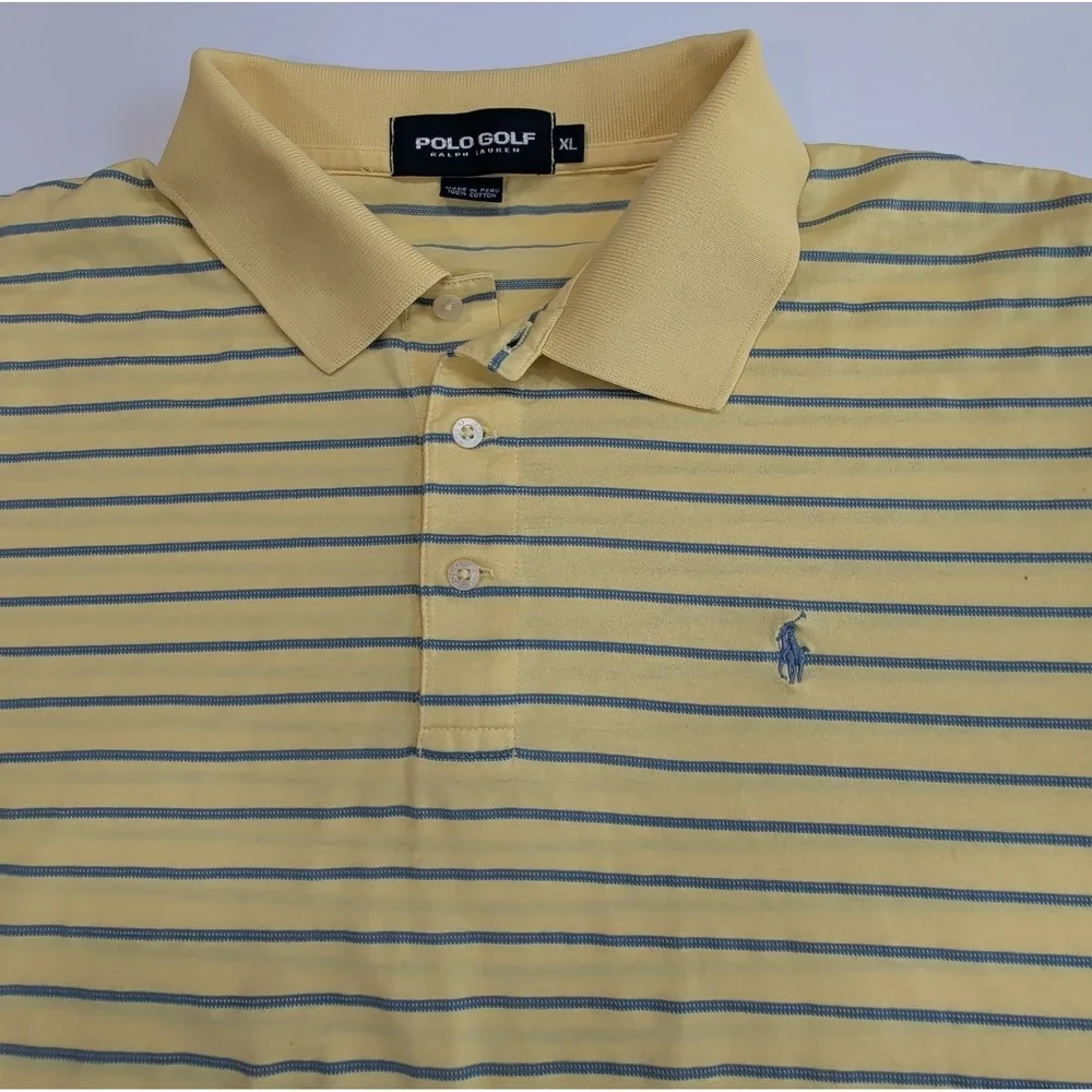 Ralph Lauren Polo Golf Shirt Men's XL Yellow Blue Striped Cotton Performance